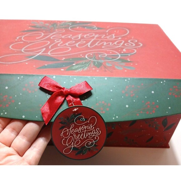 Decorative Christmas Box Red Bow Season's Greetings Hook and Loop Closure - Picture 2 of 6